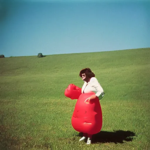 Image similar to A sad woman wearing a smiling inflatable toy in a meadow, 1980, color film expired film, aged photo, fellini almodovar john waters