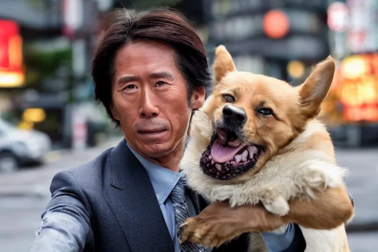 Image similar to cinematography action movie closeup portrait of a Japanese business man carrying his dog running from an explosion in Tokyo by Michael Bay