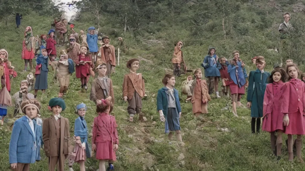 Image similar to A still from a Wes Anderson movie where the Pied Piper is luring hundreds of kids up a hill, long shot