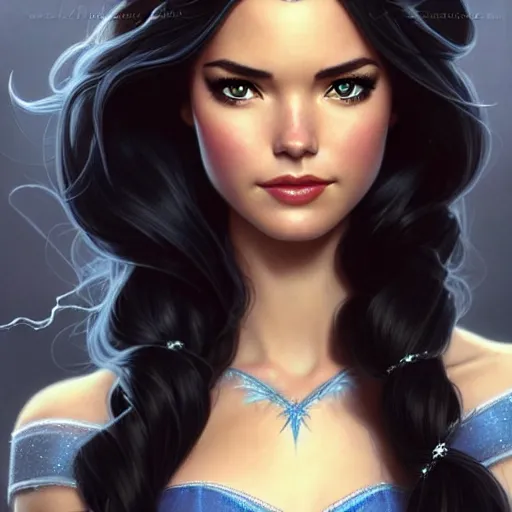 Image similar to Odette Annable with black hair as Elsa from Frozen, western, D&D, fantasy, intricate, elegant, highly detailed, digital painting, artstation, concept art, matte, sharp focus, illustration, art by Artgerm and Greg Rutkowski and Alphonse Mucha