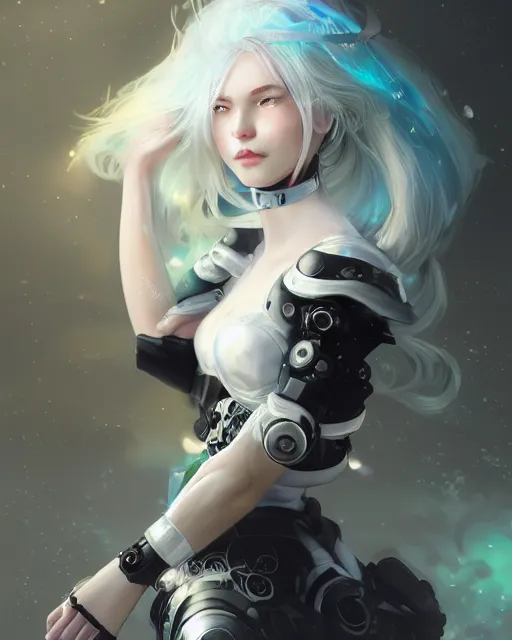 Image similar to cyborg girl with white hair and black skirt, flower decorations, dreamy, beautiful illustration, scifi, radiant, atmosphere, harmony, top lighting, blue eyes, focused, perfect composition, artstation, highly detailed, art by yuhong ding and chengwei pan and serafleur and ina wong