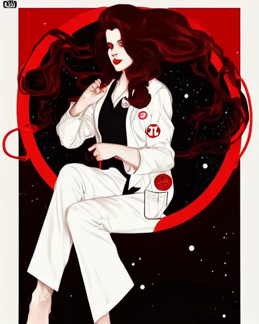 Image similar to lana del rey as a confident scientist, wearing a labcoat, intricate, red white and black color scheme, illustration by krenz cushart, alphonse mucha, artgerm, trending on artstation