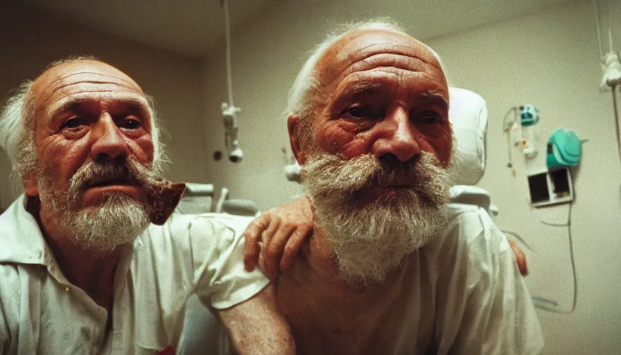 Prompt: 7 0 s movie still of a old man with trypophobia head in the hospital, cinestill 8 0 0 t 3 5 mm eastmancolor, heavy grain, high quality, high detail