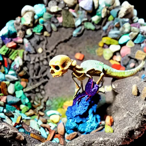 Image similar to tiny dinosaur skeleton inside a geode of colored crystals