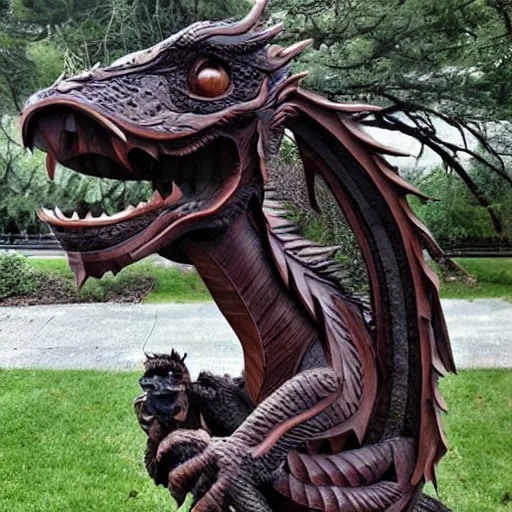 Prompt: a dragon sculpture carved in wood.