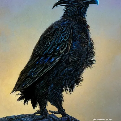 Prompt: fantasy exoskeleton raven armor, stylized anthropomorphic black bird head with a visible beak. neon, science fiction, light, portrait by donato giancola and greg rutkowski and wayne barlow. 1 9 6 9