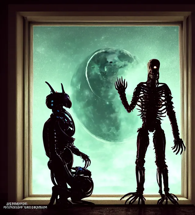 Image similar to a nightmare humanoid monster alien standing in front of a window, intricate spacesuit, moon light through the window, volumetric lighting, hyperealistic, 4 k, inspired by stephen king, inspired by lovecraft, inspired by jeffrey smith