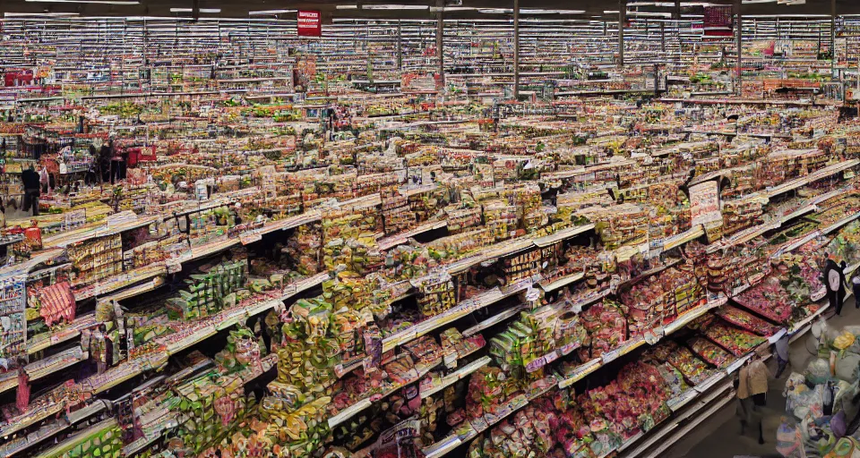Prompt: a photography of a supermarket full of people by andreas gursky