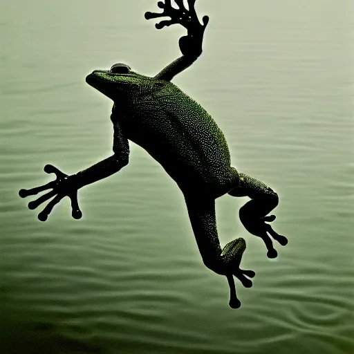 Image similar to semitranslucent smiling frog amphibian jumping over misty lake surface, cinematic shot by Andrei Tarkovsky, jump in composition of Leap into the Void by Yves Klein, paranormal, spiritual, mystical