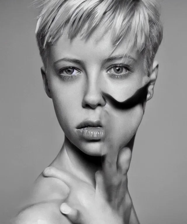 Image similar to a color photograph of edie campbell, bleached blonde short hair, by carrie mae weems, intense, bold, hyperrealistic, ultra sharp, extra details, ultra high quality, trending on pinteresst