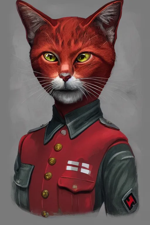 Image similar to Red cat in a nazi uniform, intricate, elegant, highly detailed, digital painting, artstation, concept art, smooth, sharp focus, illustration