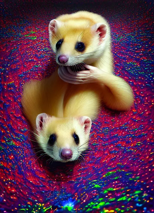 Prompt: hyper detailed 3d render like a Oil painting - kawaii portrait Aurora (blonde Sable Ferret) seen Eating of the Strangling network of yellowcake aerochrome and milky Fruit and Her delicate Hands hold of gossamer polyp blossoms bring iridescent fungal flowers whose spores black the foolish stars by Jacek Yerka, Mariusz Lewandowski, Houdini algorithmic generative render, Abstract brush strokes, Masterpiece, Edward Hopper and James Gilleard, Zdzislaw Beksinski, Mark Ryden, Wolfgang Lettl, hints of Yayoi Kasuma, octane render, 8k