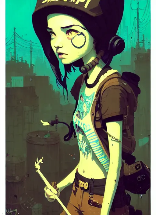 Image similar to highly detailed portrait of a sewer punk young lady by atey ghailan, james gilleard, by joe fenton, by greg rutkowski, by greg tocchini, by kaethe butcher, 4 k resolution, gradient yellow, black, brown and cyan color scheme, grunge aesthetic!!! ( ( dystopian graffiti tag wall in background ) )