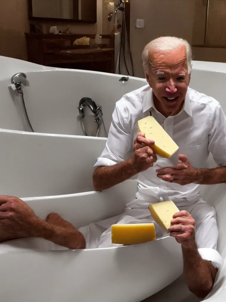 Image similar to Joe Biden eating cheese in a bathtub