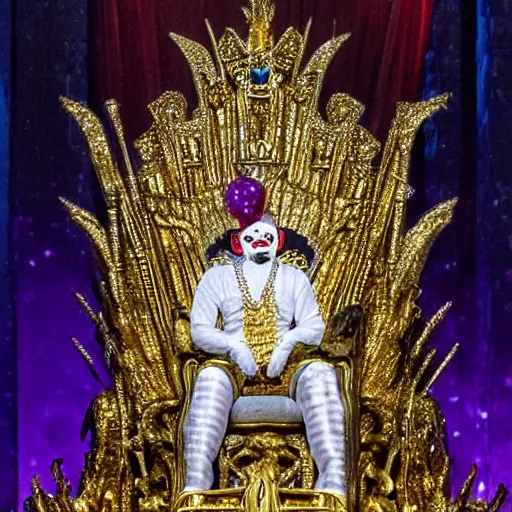 Image similar to shining majestic throne made of millions of diamonds, gold and zaphires with thousands of light reflections, and a clown is sitting on the throne