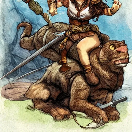 Image similar to D&D art of a female halfling rogue with hairy feet, riding on top of a panther through waterdeep, sunny afternoon