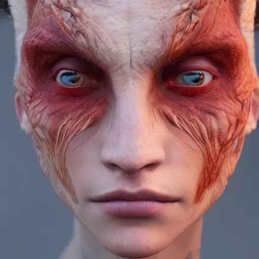 Image similar to human - dragon hybrid, close up face, 8 k, hyperrealistic, trending on artstation