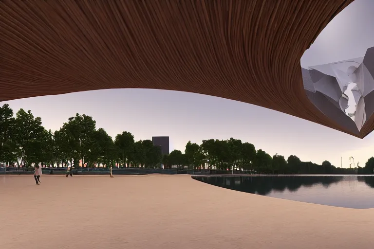 Image similar to a building formed by the cross combination and fusion of 2 0 white spherical and egg shaped spaces of different sizes, on the calm lake surface, people's perspective modern curved architecture, future, wood, marble, metal award winning, highly detailed 4 k art, dusk, unreal engine highly rendered, global illumination, radial light, internal environment by kazuyo sejima