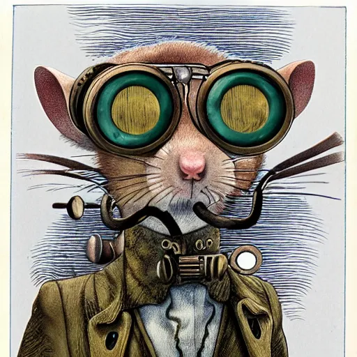 Image similar to a rat with steampunk googles, by Raymond Briggs