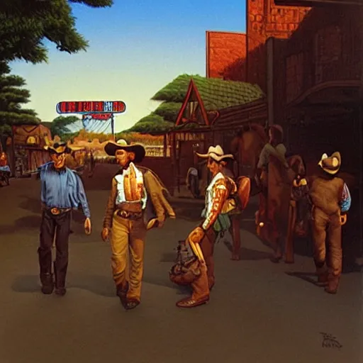 Prompt: cowboy walking into town, highly detailed, artwork by greg hildebrandt