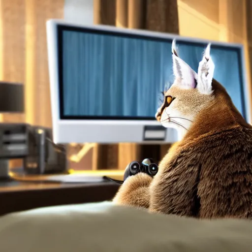 Prompt: view from behind from bed of a cute fluffy caracal wearing headset watching dual - monitors displaying call of duty and twitch, intricate detail, cinematic composition