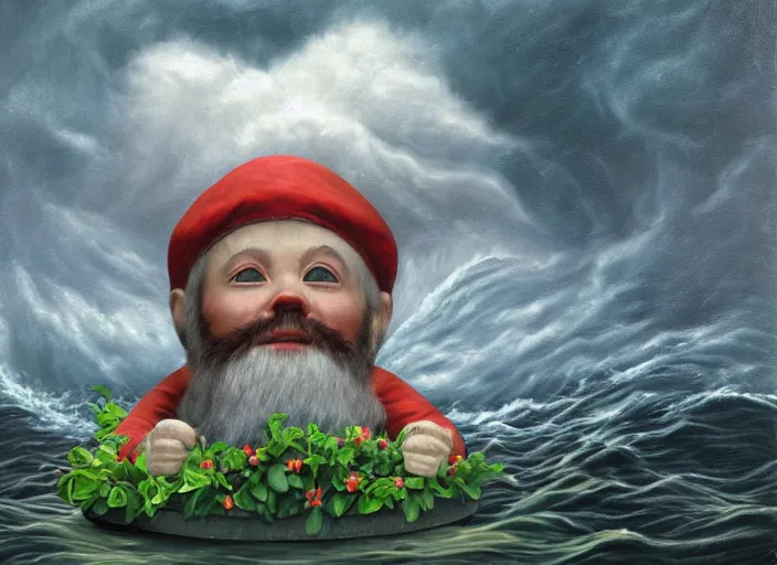 Image similar to a terrified garden gnome sailing in a bucket, background of raging ocean on a stormy day with dramatic clouds, an ultrafine detailed painting by mark ryden, trending on deviantart, pop surrealism, whimsical, lowbrow, rainy, perfect symmetrical face