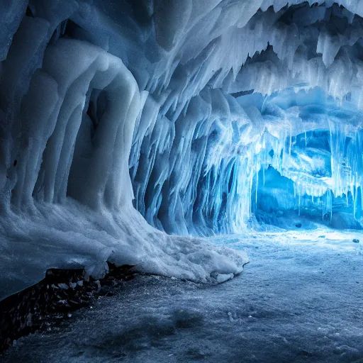 Image similar to frozen cold ice cave in iceland, octane render, unreal engine 5, photoreal 🧊❄️🥶, cold atmosphere, deep image, sharp focus, 8k, 4k