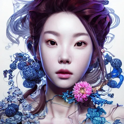 Image similar to the portrait of a blueberry that resembles an absurdly beautiful, graceful, elegant, sophisticated irene bae woman, an ultrafine hyperdetailed illustration by kim jung gi, irakli nadar, intricate linework, bright colors, octopath traveler, final fantasy, unreal engine 5 highly rendered, global illumination, radiant light, detailed and intricate environment