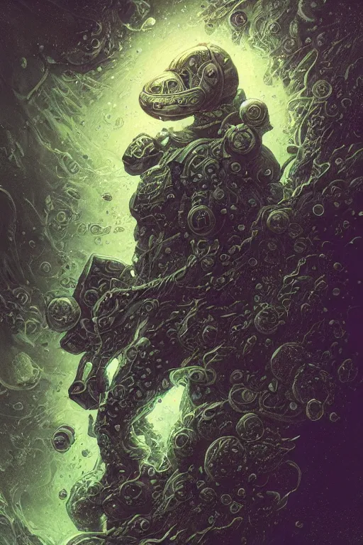 Image similar to close up shot of a full body floating astronaut portrait water elemental, james gurney, peter mohrbacher, mike mignola, black paper, mandelbulb fractal, trending on artstation, exquisite detail perfect, hyper detailed, intricate ink illustration, black background