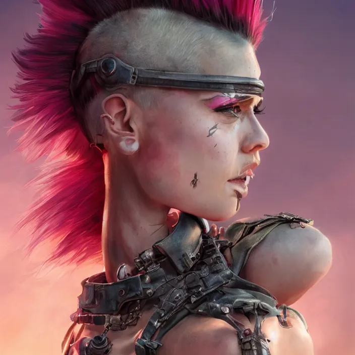 Image similar to beautiful apocalyptic woman with pink Mohawk, standing on mad max panzer tank, 4k ultra hd, fantasy dark art, tank girl, artgerm, artstation, octane render, elegant, detailed digital painting