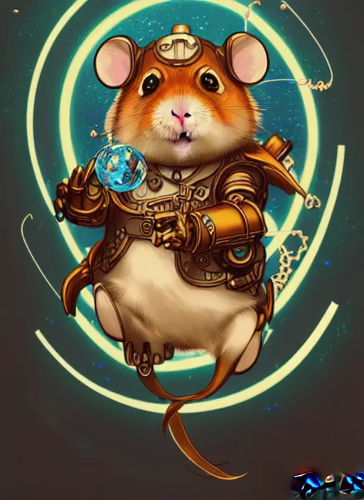 Prompt: illustration of an anthropomorphic hamster, western steampunk cyborg, swirling water cosmos, fantasy, dnd, cinematic lighting, clean cel shaded vector art, collectible card art, style artgerm and joshua middleton and tan zi and ayanamikodon and alphonse mucha and wlop