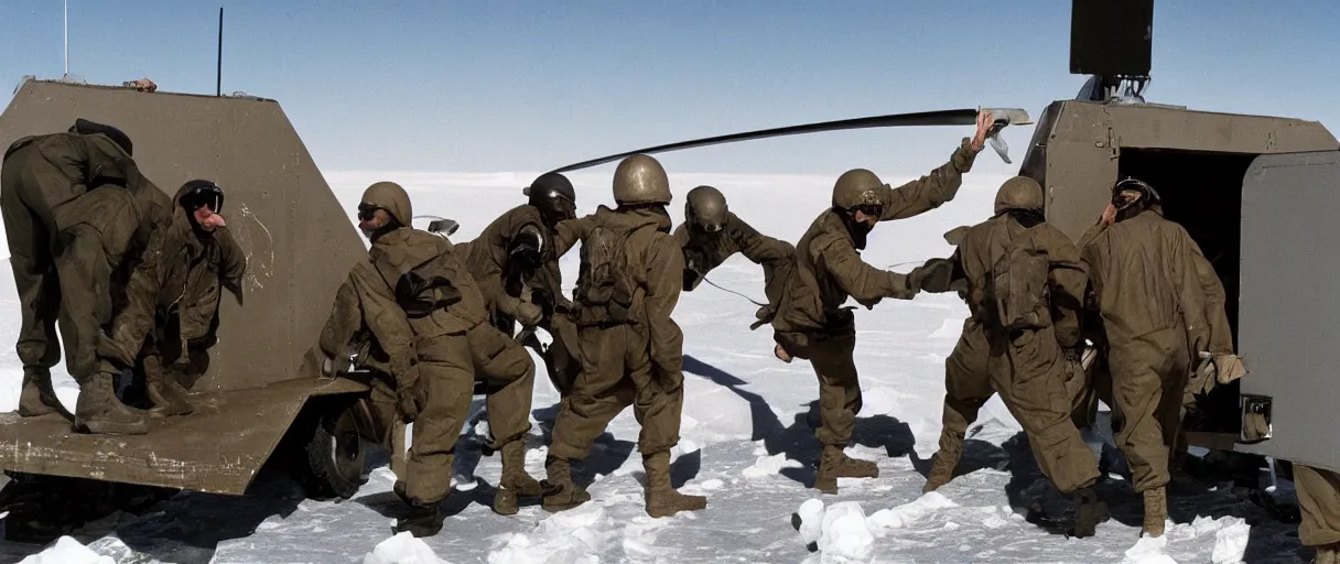 Image similar to extreme closeup color movie like 3 5 mm photograph of a middle aged caucasian us soldiers unloading dark grey metal rectangular crate from a black military 1 9 8 2 helicopter at a top secret military base in antarctica