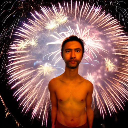 Prompt: a fireworks / human hybrid, fisheye photo