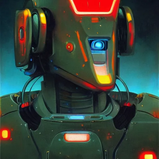 Prompt: a dark and colorful close - up side profile portrait of a sci - fi mecha robot with led lights glowing fog in the background. highly detailed science fiction painting by norman rockwell, frank frazetta, and syd mead. rich colors, high contrast, gloomy atmosphere, dark background. trending on artstation