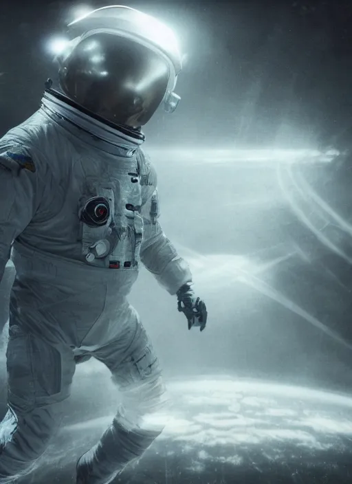 Image similar to concept art by craig mullins astronaut in futuristic dark and empty spaceship underwater. infrared glowing lights. complex and hyperdetailed technical suit. reflection and dispersion materials. rays and dispersion of light. volumetric light. 5 0 mm, f / 3 2. noise film photo. flash photography. unreal engine 4, octane render. interstellar movie art