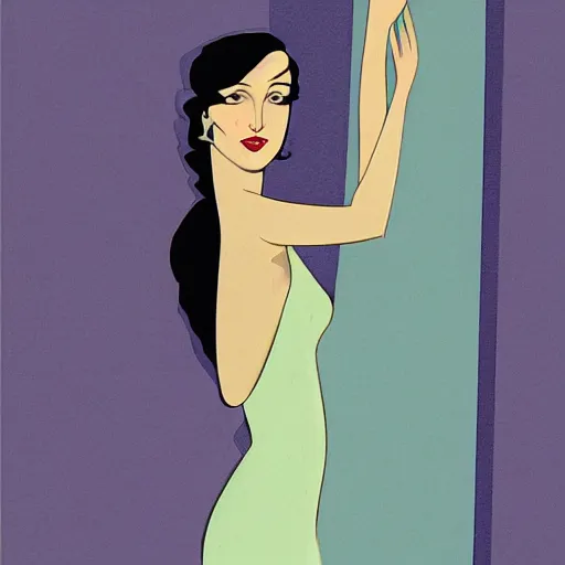 Image similar to a digital painting of a woman in a blue dress, an art deco painting by Patrick Nagel,, deviantart contest winner, art deco, matte drawing, storybook illustration, matte painting