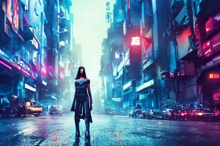 Image similar to 4 k remaster extremely detailed cinematic movie still from blade runner 2 0 4 9 of a japanese cyborg warrior princess in the street, megabuildings, face by artgerm, cyber noir, bokeh, denis villeneuve, rich colors, night, road