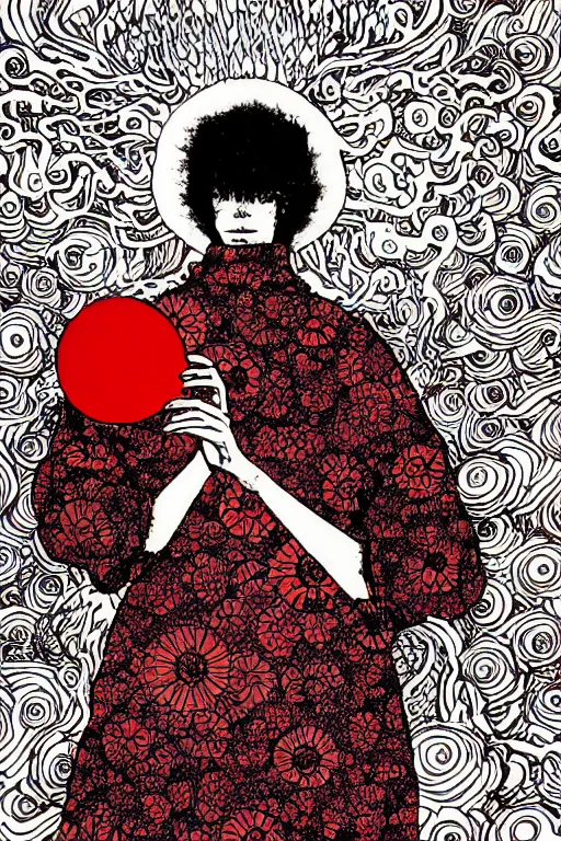 Image similar to a drawing of a person holding a red object, a manga drawing by Yuko Shimizu, behance contest winner, psychedelic art, psychedelic, cosmic horror, fractalism
