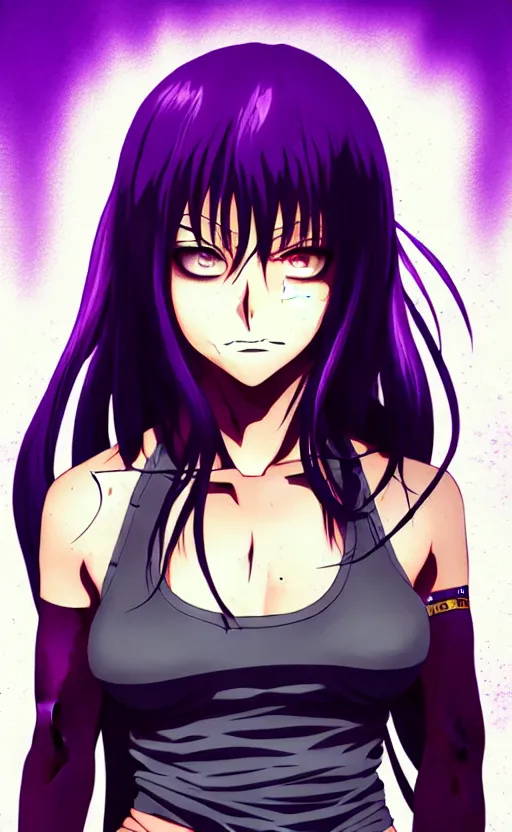 Image similar to style of madhouse studio anime, black lagoon manga, loish, artgerm, comic art, portrait of revy from black lagoon, symmetrical eyes and symmetrical face, jean shorts, white tank top, purple hair, sarcastic evil smirk on face, sky and ocean background