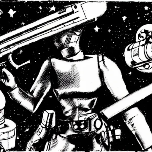 Prompt: space opera gunfight, in the style of wally wood, photorealistic