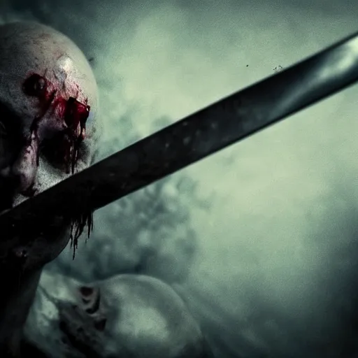 Prompt: battle, fight, sword, arm gets chopped off, fight vs killer, creepy, death, demon, horrifying, dead, dramatic lighting, cinematic, 8k, hyperrealistic, detailed