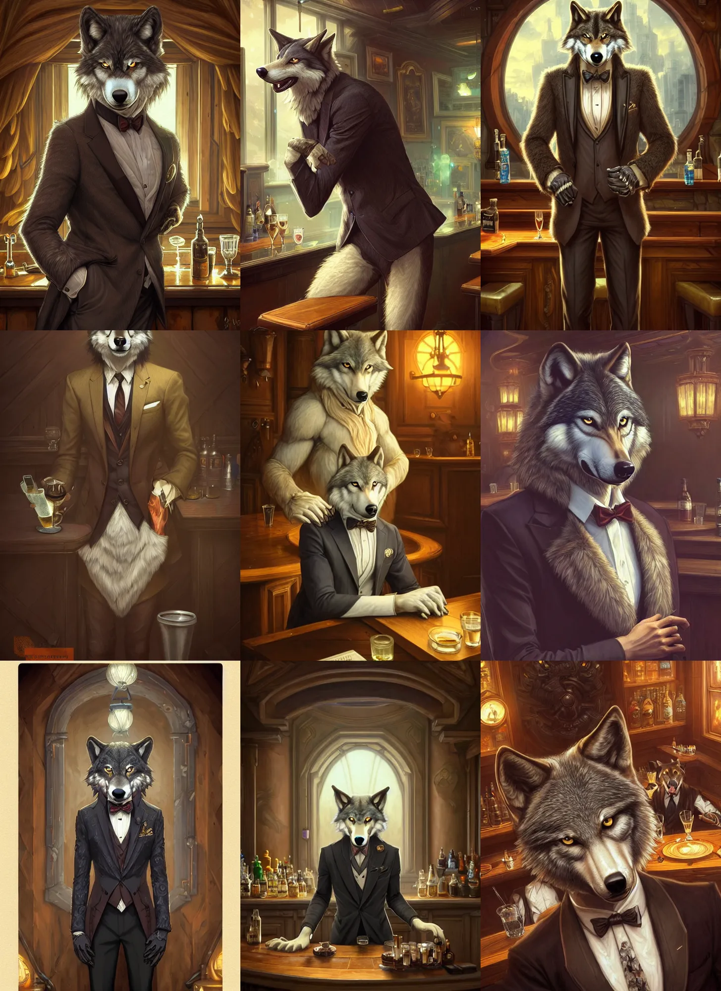 Prompt: photograph of a male anthropomorphic wolf fursona wearing a nice suit at a bar, deep focus, intricate, elegant, highly detailed, digital painting, artstation, concept art, matte, sharp focus, illustration, d & d, fantasy, hearthstone, art by artgerm and greg rutkowski and alphonse mucha