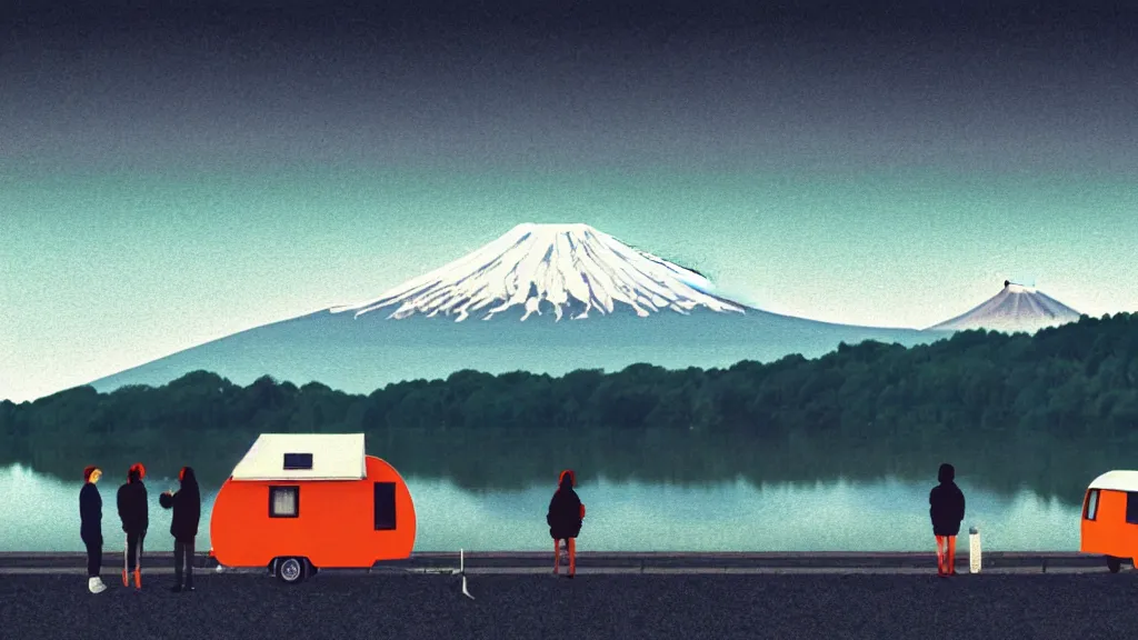 Image similar to an overlook scene of two travellers and their camper, at the edge of yamanaka lake reflecting mount fuji overcast sky, a collage painting, in the style of wes anderson, lola dupre, david hockney, isolated on negative white space background dark monochrome neon spraypaint accents volumetric octane render