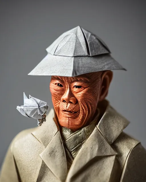 Image similar to an origami wrinkled old fisherman akira yoshizawa, realistic, very detailed, complex, intricate, studio lighting, bokeh, sigma 5 0 mm f 1. 4