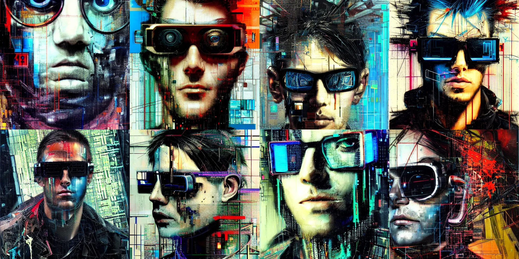 Prompt: hyperrealistic portrait of a cyberpunk character that can see the future, male, by Guy Denning, Johannes Itten, Derek Gores, Russ Mills, long hair, determined, passionate, glitch art, hacking effects, glitch effects, cyberpunk sunglasses, detailed lines, polished, smooth, color blocking, oil on canvas, highly detailed, artistic, front view, symmetrical, octane, concept art, abstract, 8k, cinematic, trending on artstation