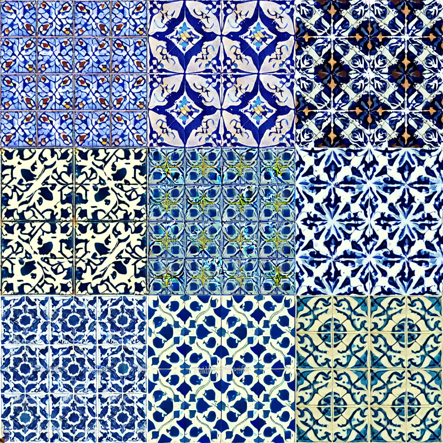 Prompt: Andalusian Tiles, with a bluish tint, seamless vintage pattern, decorative, floor tile