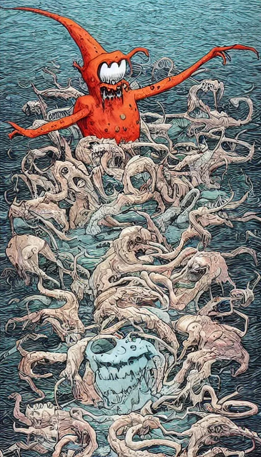 Image similar to man on boat crossing a body of water in hell with creatures in the water, sea of souls, by alex pardee