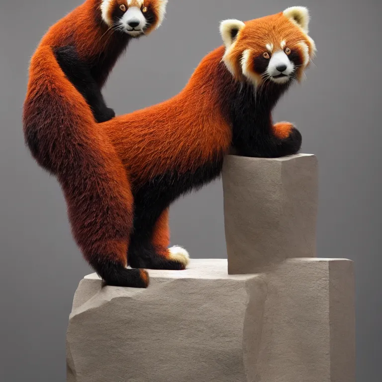 Prompt: hyperrealistic sculpture of a giant red panda fossil with some flesh attached on a pedestal by ron mueck and duane hanson and damien hirst, hyperrealistic dramatic colored lighting trending on artstation 8 k