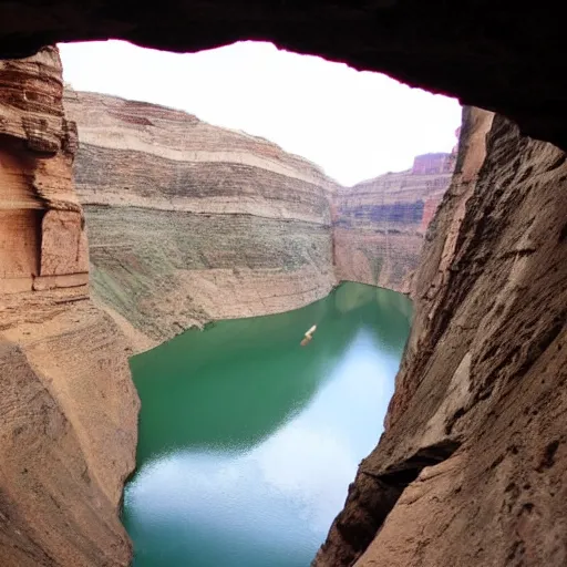 Prompt: A humongous canyon with a massive lake in it. At the end of the canyon is a massive eldritch monster that is smaller than the canyon but still massive.