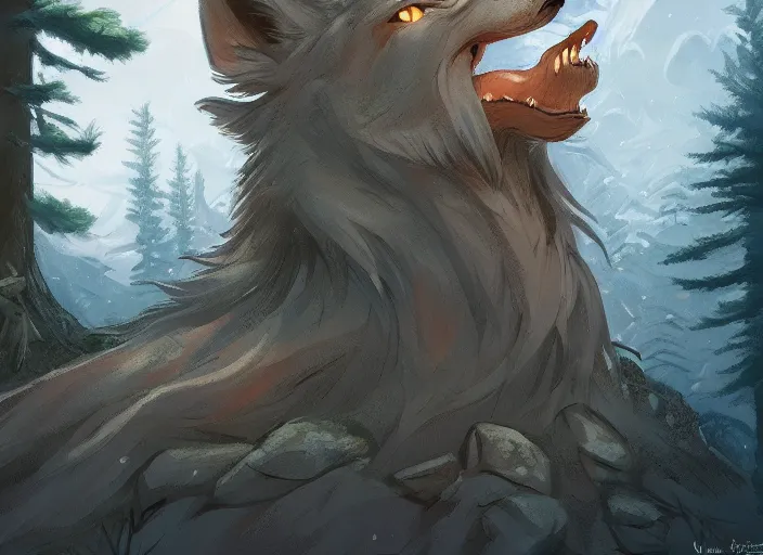 Prompt: a cartoonish wolf is blowing a house made of woods away. There is a mystical forest full of wonders, pine trees, magical atmosphere, trending on artstation, 30mm, by Noah Bradley trending on ArtStation, deviantart, high detail, stylized portrait H 704